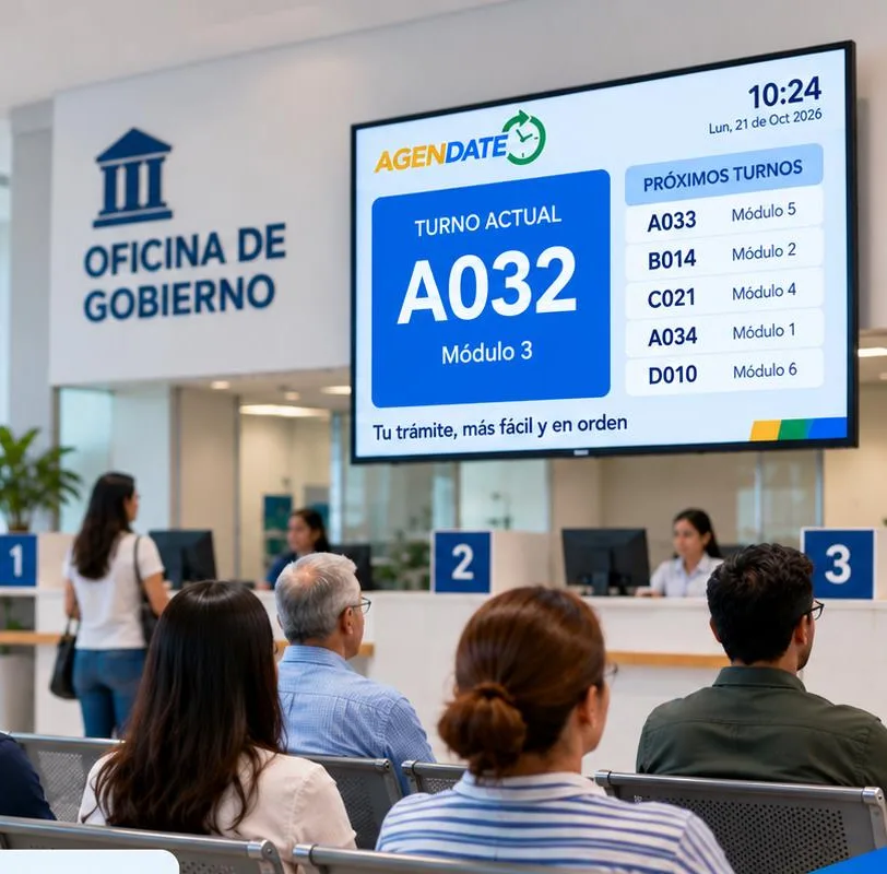 Pantalla de turnos AGENDATE en una oficina de gobierno
